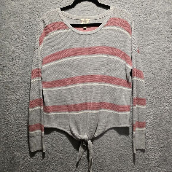 Hippie Rose Womens Gray Sweater Sz XL Pink White Striped Tie Front Y2k - Picture 1 of 7